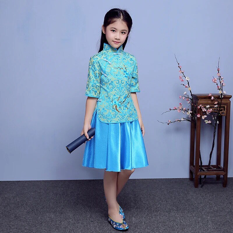 Kostium dla dzieci dla dziewczynki haft w kwiaty Qipao topy i spódnica zestawy Preppy School Children Guzheng Performance Graduation