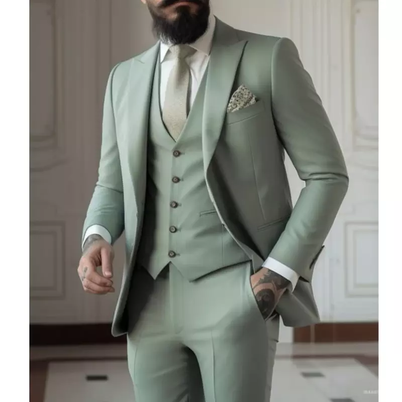 남성용 녹색 슬림핏 3 피스 수트, 재킷, 조끼, 바지, 웨딩 신랑 턱시도, 무도회 정장, 남성 파티 블레이저