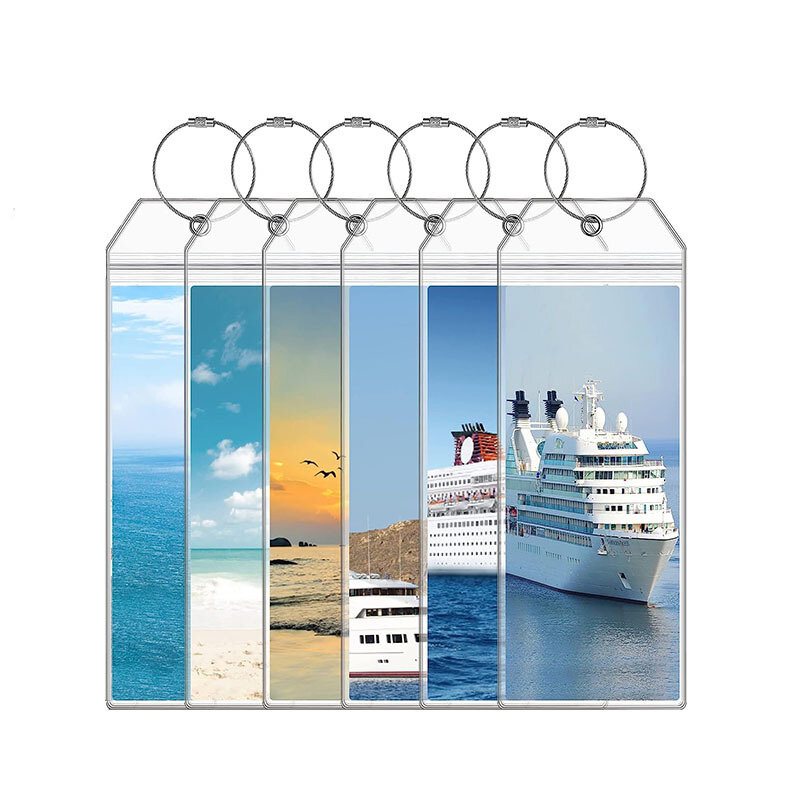 1Pc Resealable Waterproof Clear Card Sleeve Luggage Tag Cruise Tag Holder Seal Pouch With Keyring Steel Wire Cable Loop