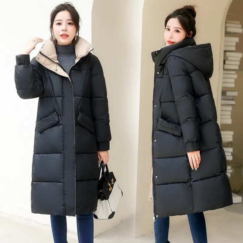 새로운 한국 패션 슬림 두꺼운 다운 코튼 재킷 및 코트 여성용, 대형 롱 오버 니 후드 파카, 겨울, 2022