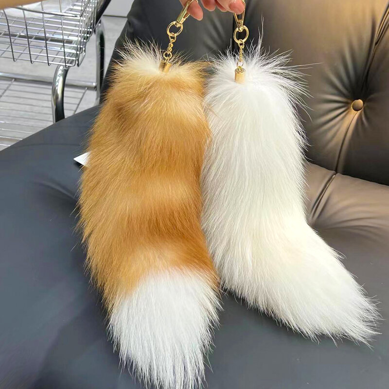 Real Fox Fur Tail Keychain Wolf Tail Fur Tassel Bag Charm Tag Black and Brown Pom Pom Charm Keyring Holder Strap Chain Gifts