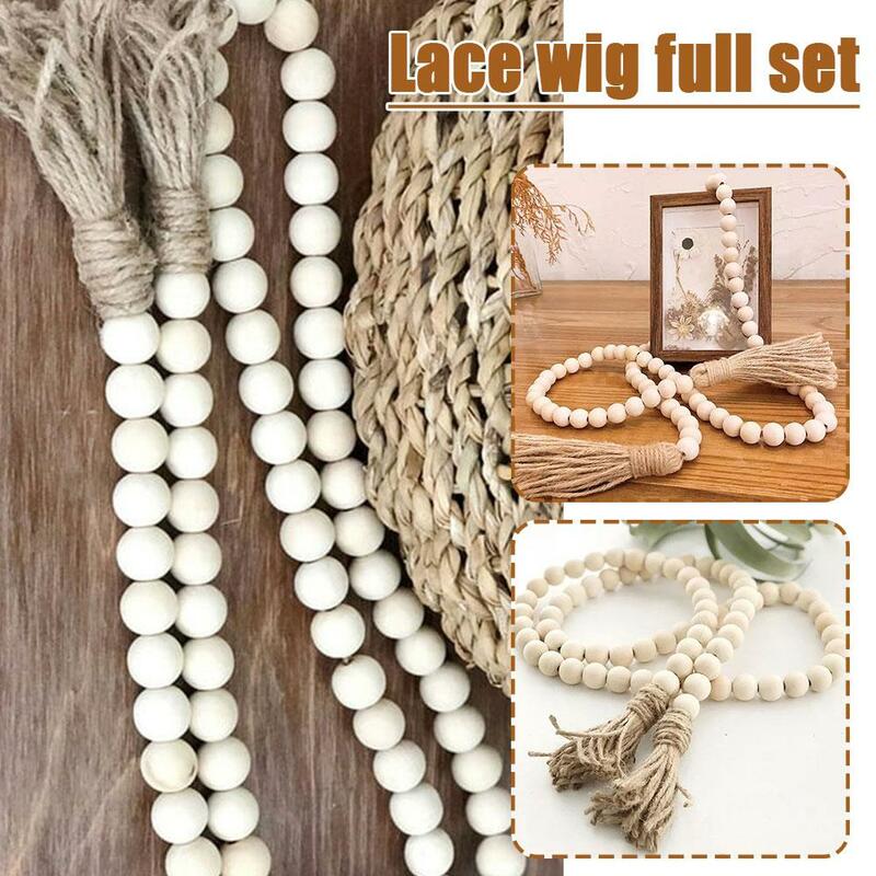 100cm Wooden Bead Garland Farmhouse Rustic Country Prayer Hanging Beads Decorations Wall Tassle F8j2