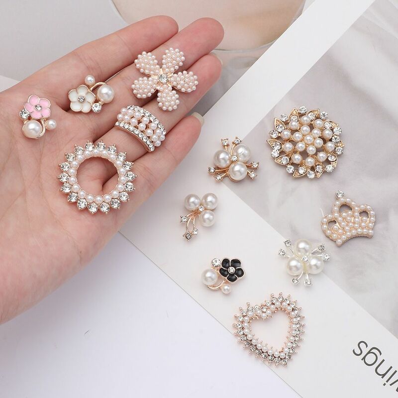 10PCS Sparkling Crystal Flower-shaped Pearl Button Headwear Clip Pearl Hairpins Rhinestone Buttons