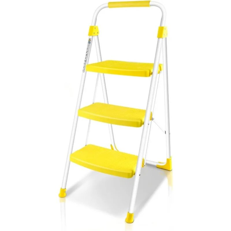 Banqueta dobrável portátil, 3 Step Ladder, Wide Anti-Slip Pedal, 500lbs Sturdy Steel Ladder, Handgrip conveniente