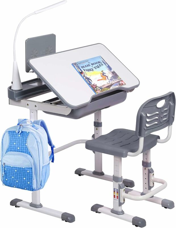 Kids' Desk and Chair Set, Height Adjustable Child's School Study Writing Tables with Tilt Desktop, LED Light, Storage Drawer, Bo