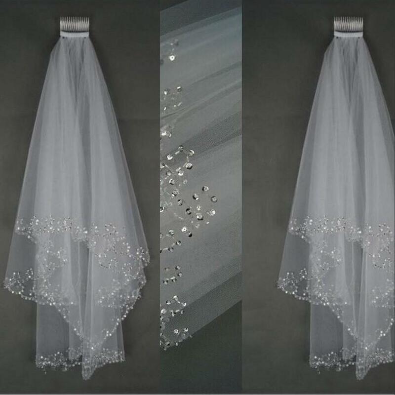 جديد قصير الأبيض العاج الزفاف الحجاب الزفاف 2 طبقات الخرز اليدوية طول الكوع اكسسوارات الزفاف