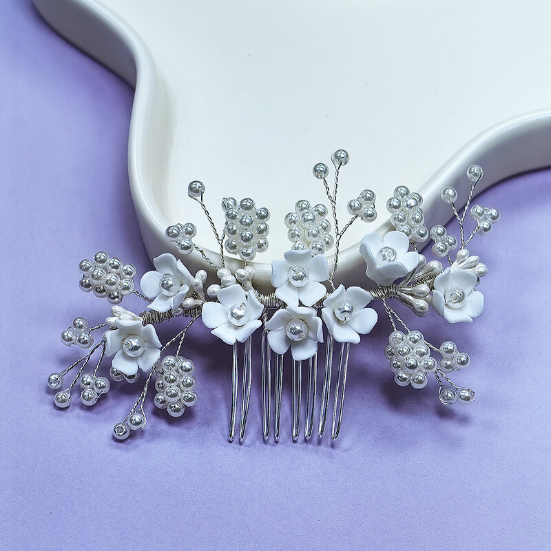 Brilliant  Bridal Embellished Pearl Ceramic Flower Hair Comb For Wedding
