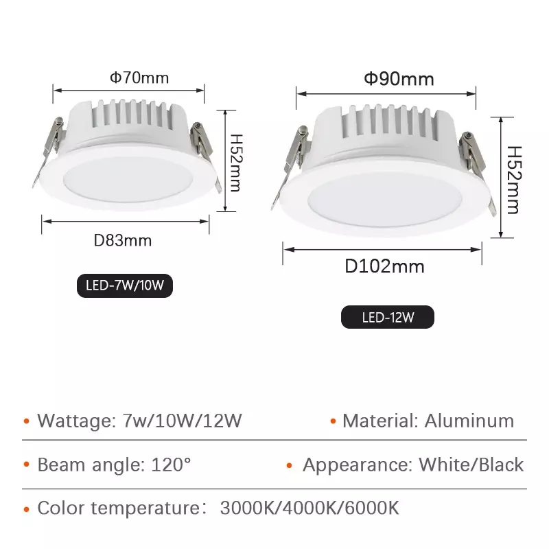 눈부심 방지 LED 방수 다운라이트 내장 스포트라이트, 거실 침실 천장 램프, LED 인테리어, 7W, 10W, 12W