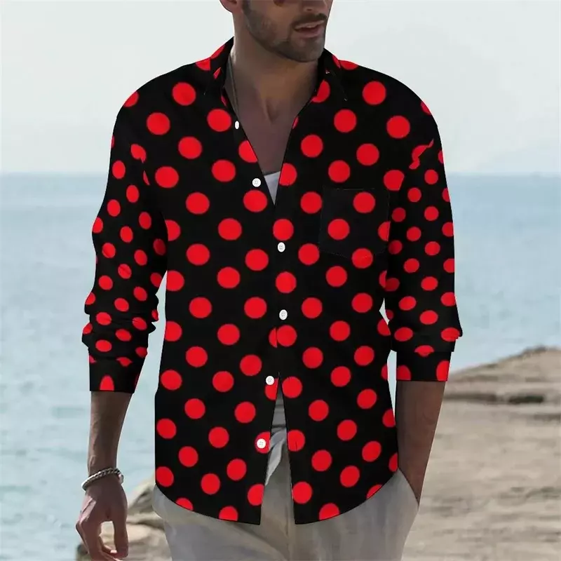 Men's Top Button Lapel T-Shirt Polka Dot Black White Fashion Simple Casual Dress Spring Summer High Quality Material Plus Size