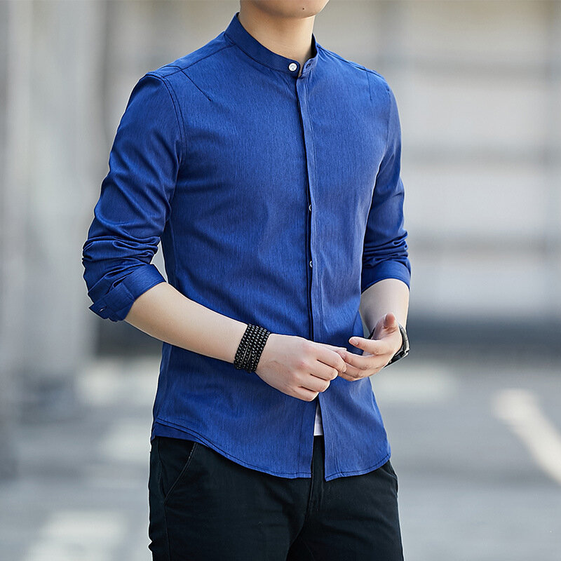 Versione coreana della camicia a maniche lunghe con colletto alla coreana da uomo autunno nuova tinta unita Slim Fit camicie Cargo da uomo Camisas De Hombre camicetta