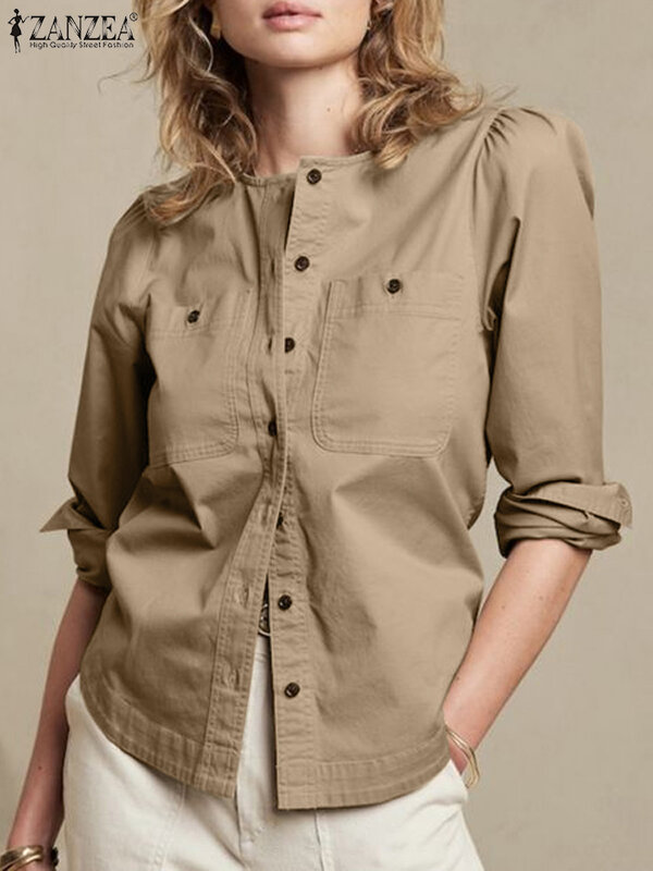 Женская офисная блузка ZANZEA, Весенняя винтажная рубашка с длинным рукавом, повседневные топы с круглым вырезом, женские блузы на пуговицах, модная офисная рубашка