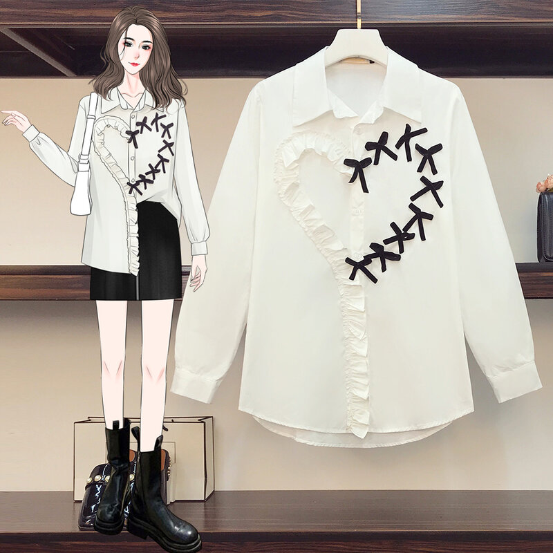 MissLymi Lolita-Camisa de manga larga con lazo de corazón para mujer, blusas de moda de calle alta, Tops Kawaii blancos, talla L-4XL, otoño, 2023