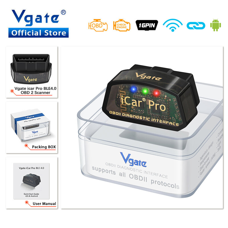 Vgate iCar Pro 자동차 진단 도구, 안드로이드 및 IOS 용 와이파이 블루투스 4.0, 안드로이드 ODB2 자동차 스캐너용, elm327 V2.3 OBD 2 OBD2