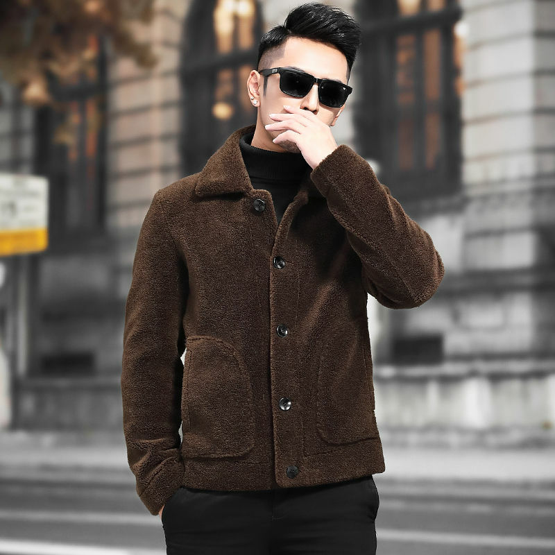Moda 2022 inverno dos homens coreano genuíno casacos de pele de cordeiro bolsos curtos dos homens casacos de lapela casacos de pele de carneiro masculino n06