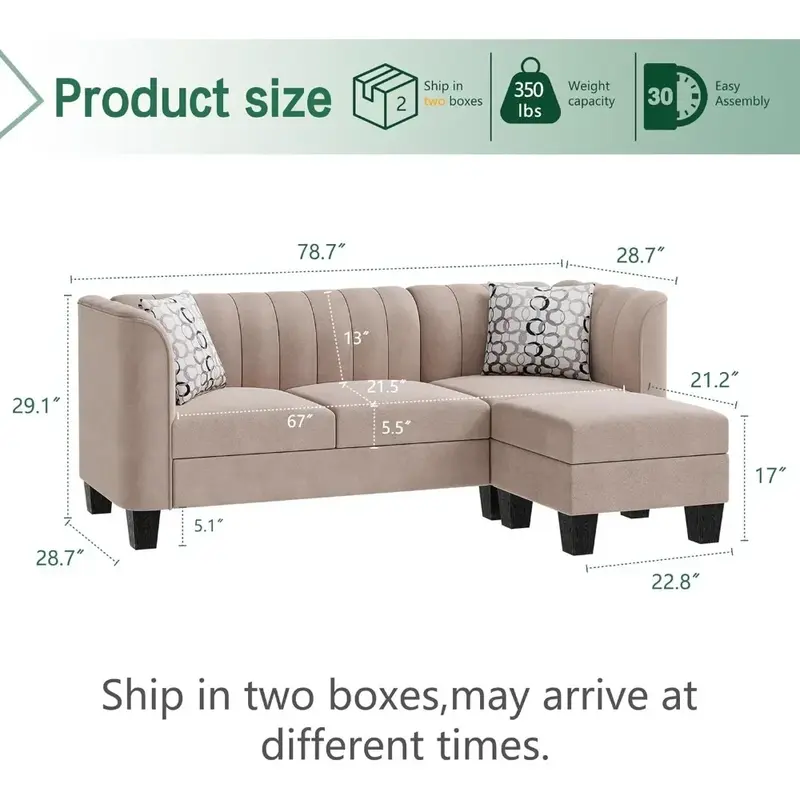 Sofá secional conversível com braço alto, 3 assentos, sofá em forma de L, tecido de linho, sofá pequeno, meados do século, bege