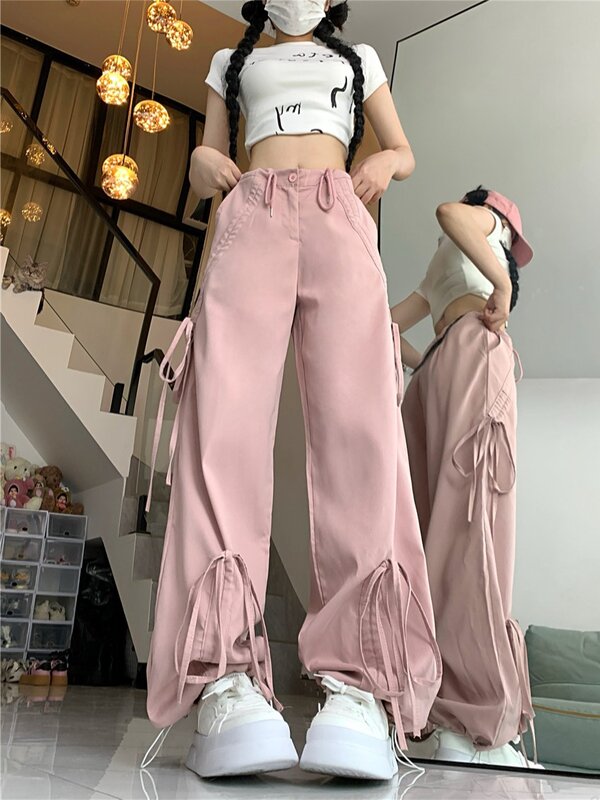 Women's Chic Drawstring Lace Up Wide Leg Cargo Pants Lady Summer Streetwear High Waist Loose Full Length Pants