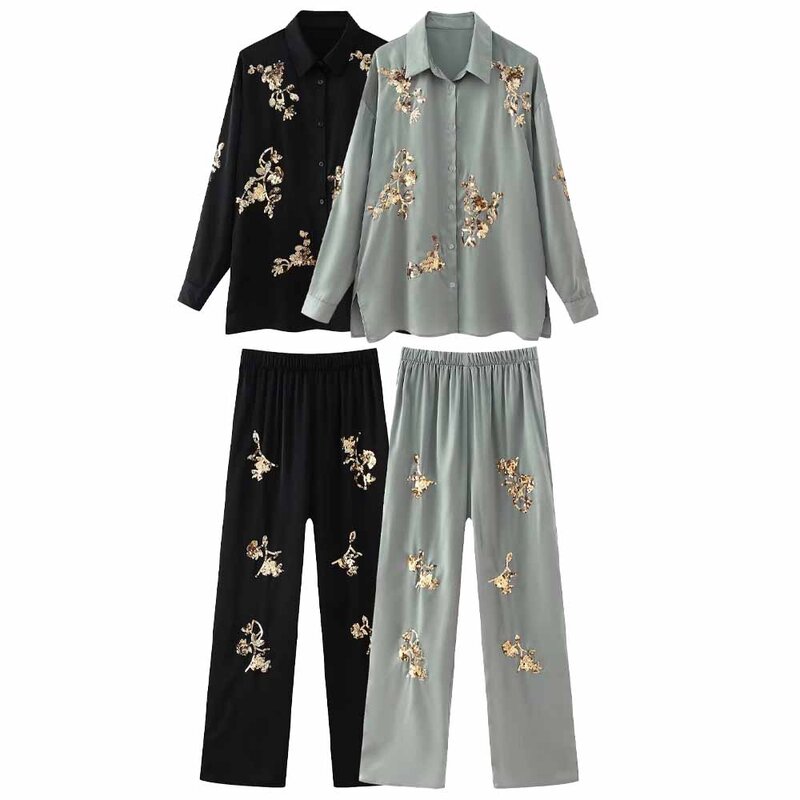 Camisa drapeada holgada con decoración de lentejuelas para mujer, traje retro de manga larga con botones, top elegante y pantalones, nueva moda