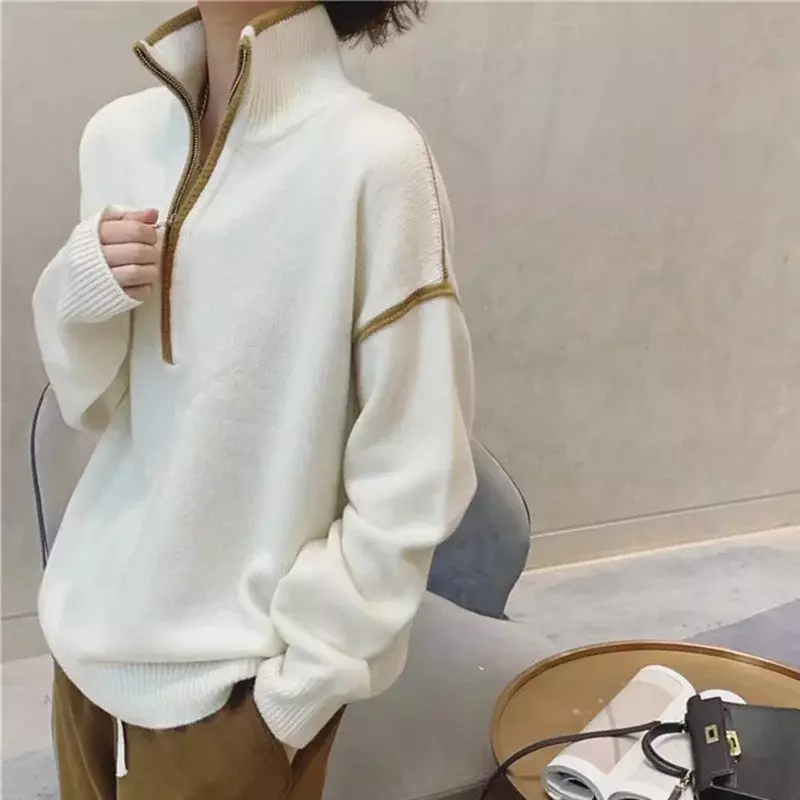 Casual patchwork color half zipper turtleneck cashmere sweater women fall winter pullover sweater loose knit sweater