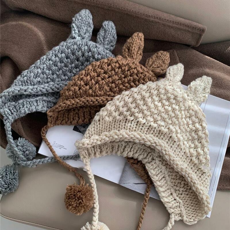 Wool Knit Hat Cozy Women's Winter Beanie Hat with Bunny Ears Soft Knit Cap for Cold Weather Ultra-thick Windproof Headwear