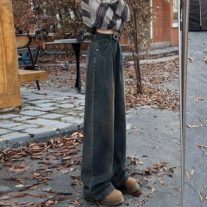Pantalones vaqueros Vintage de cintura alta y pierna ancha para mujer, Pantalón recto de talla pequeña holgado, lavado drapeado, novedad de primavera 2024