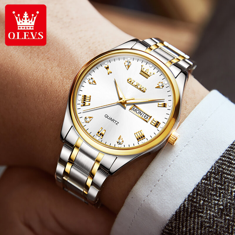 OLEVS jam tangan Quartz pria, arloji kasual Stainless Steel, dengan tanggal pekan, jam tangan bercahaya