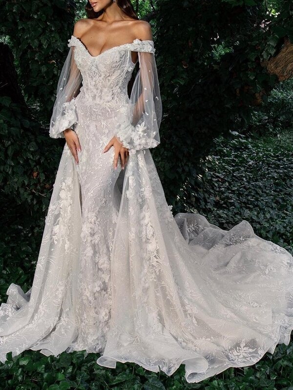Gaun pernikahan yang indah untuk wanita 2024 gaun pengantin yang anggun renda applique lengan Puff panjang leher V cantik Vestidos De Novia