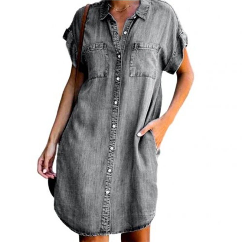Women Denim Shirt Dresses Short Sleeve Distressed Jean Dress Button Down Casual Tunic Top REFR1989