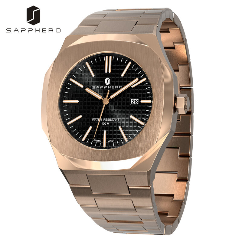SAPPHERO-Reloj de acero inoxidable para hombre, accesorio de pulsera resistente al agua de 100M con movimiento de cuarzo MIYOTA, estilo informal de negocios, regalo elegante de lujo