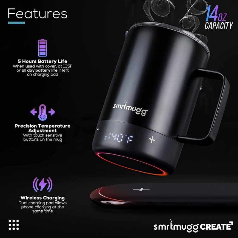 Heated Coffee Mug, Large 14 OZ, 5 Hour Battery Life, Precision Temperature Adjustment, Battery Powered Heated Coffee Mug