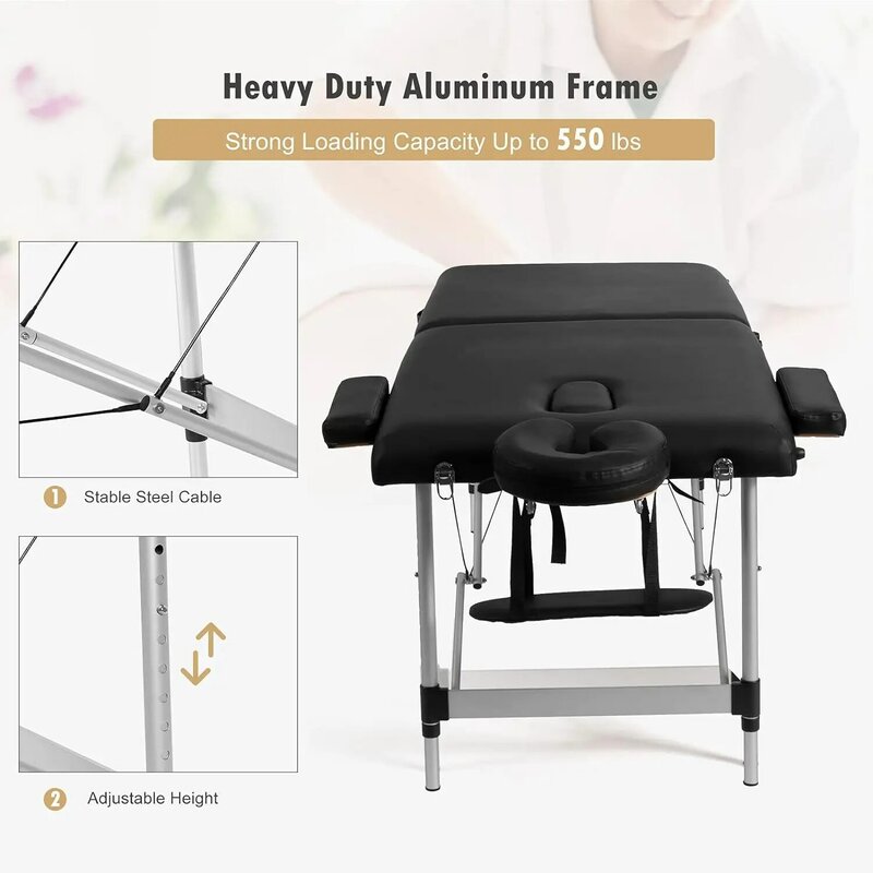 Giantex Portable Massage Table 84inch, Folding Lash Bed Aluminium Frame, Height Adjustable, 2 Fold Professional Facial Salon Tat