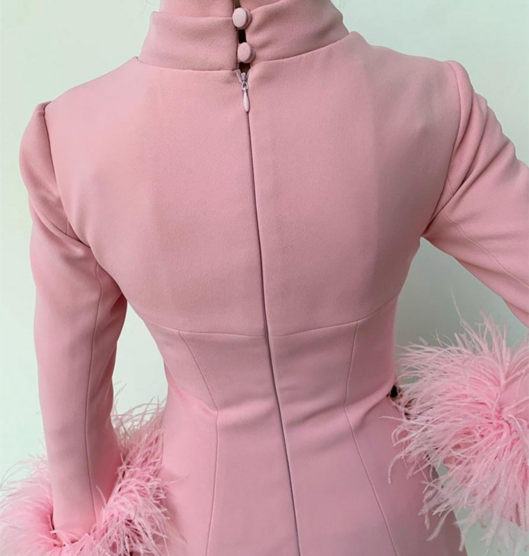 Vestidos de Noche de crepé rosa cortos con plumas para mujer, vestidos de fiesta de manga larga con cuello Halter, Vintage