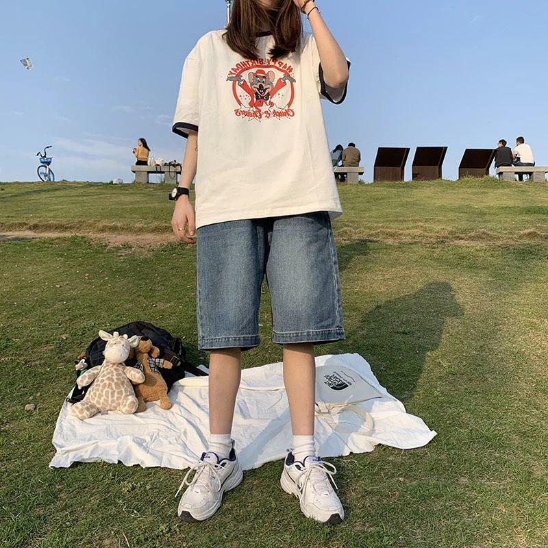 กางเกงยีนส์5/4เอวสูงไซส์ใหญ่สำหรับผู้หญิง, กางเกงยีนส์สไตล์เกาหลีฮาราจูกุทรงหลวม2024ฤดูร้อน