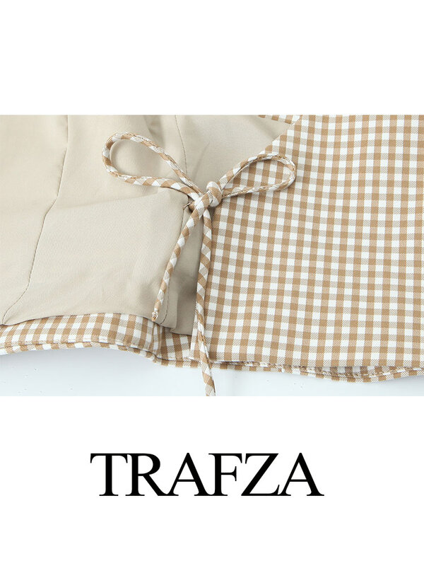 TRAFZA-traje de verano a cuadros para mujer, Top corto sin mangas con espalda descubierta y cordones, pantalón hasta la rodilla con bolsillo de cintura media