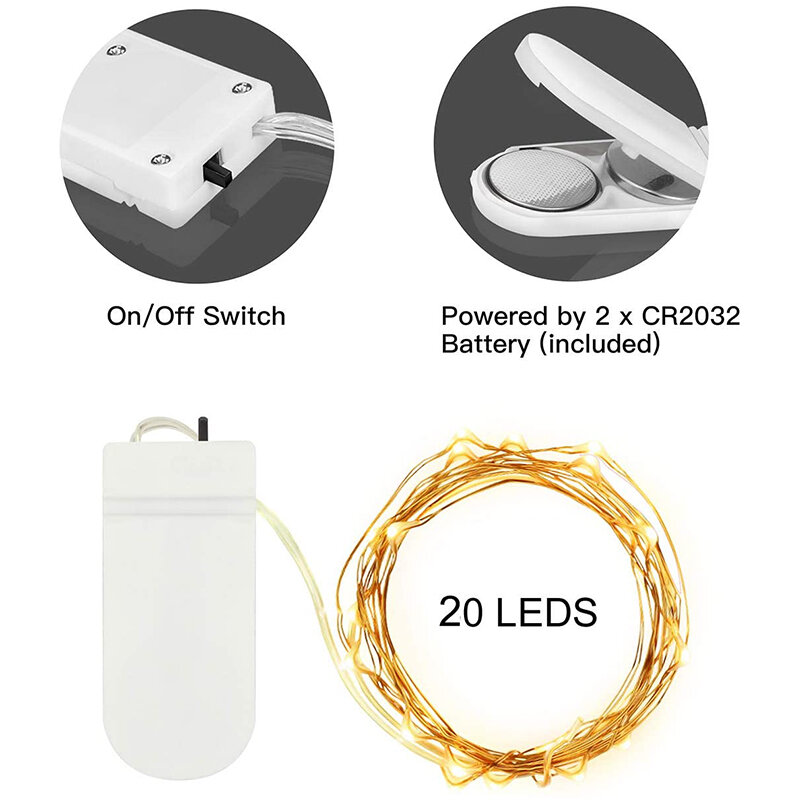 배터리 작동 LED 요정 조명, 따뜻한 흰색 반딧불 항아리 조명, 방수 조명, 20 팩, 3.3Ft 20 LED 구리선