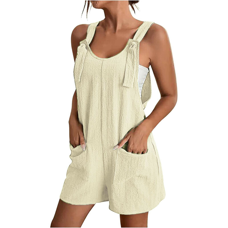 Women Boho Loose Overalls Solid Color Square Collar Playsuits Sleeveless Rompers Summer Casual Clothes Jumpsuit With Pocket