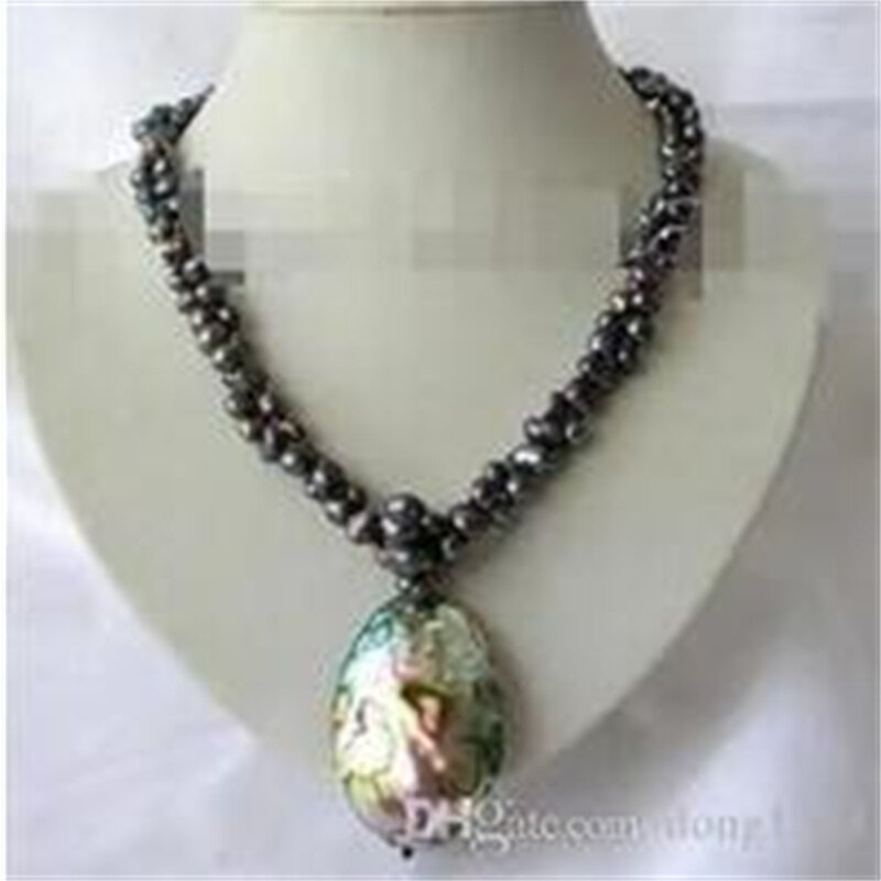 Classic 2 Strands 8mm Baroque Pearl Necklace Black Abalone Shell Pendant H934