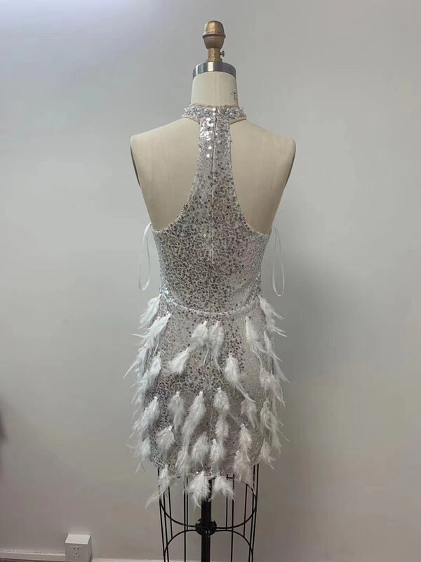 2023 Custom New Sexy Suspenders Diamond Sequin Print Feather Rhinestone Wrap Buttocks Party Dress Long Dress Performance Dress
