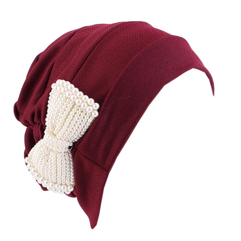 Sombrero turbante Baotou 56-58cm, sombrero con lazo perlas para mujer, envoltura elástica para caída del cabello N7YD