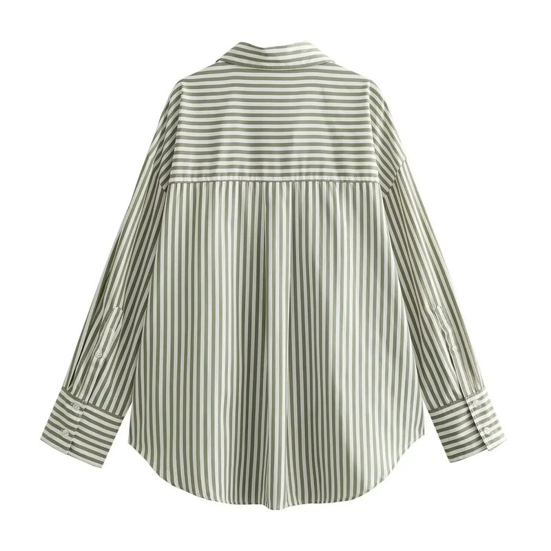 Women New Fashion Loose Basic Style Casual Striped Poplin Blouses Vintage Long Sleeve Button-up Female Shirts Chic Tops