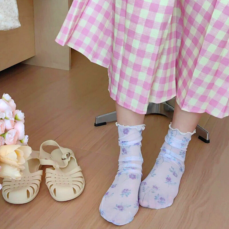 Calcetines ultrafinos transpirables para mujer, medias de malla de tubo medio con estampado Floral, holgadas y con volantes, 1 par