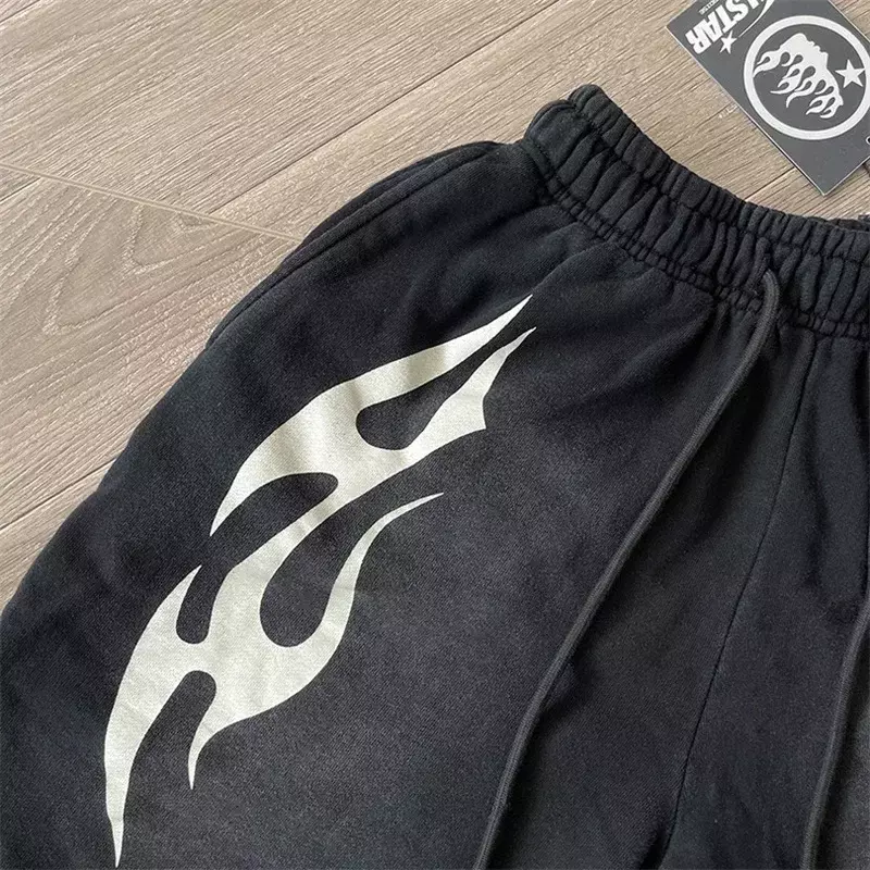 24ss Hell Star Sports Flame Shorts For Women 1:1 Best Quality Oversized Washed Black Shorts Men Pants