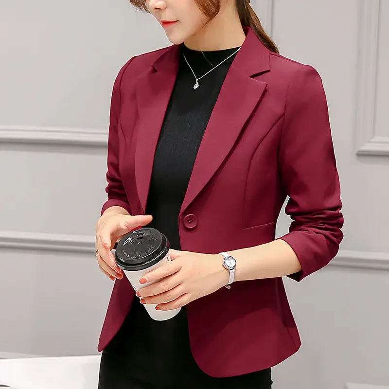 Blazer de manga comprida feminino com bolsos, casaco fino, casaco vermelho, senhora do escritório, tops femininos, terno feminino, 2022