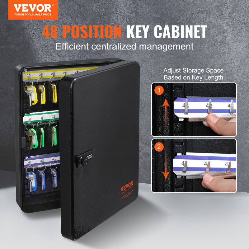 VEVOR 48-Key Cabinet Key Lock Box with Adjustable Racks Security Key Storage Box Key Organizer for School Office Hotle
