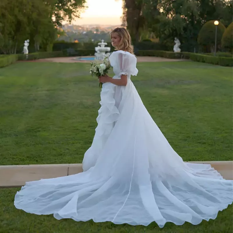Retro bufiasta z rękawem sukienka ślubna z krótkim rękawem kokardka na boku dzielona suknia ślubna z kwadratowym dekoltem damski sukienka na specjalną okazję