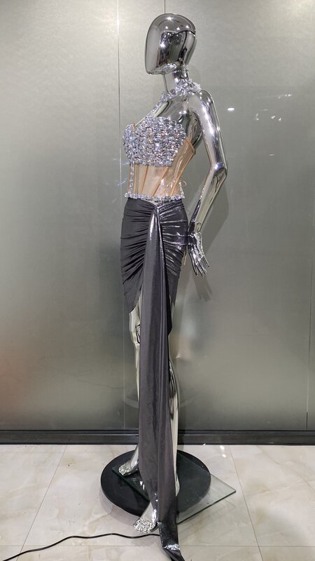 Glisten Silver Rhinestones Mini vestido para mulheres, roupa sexy para comemoração de aniversário, performance de palco, show de dançarino, 2 peças