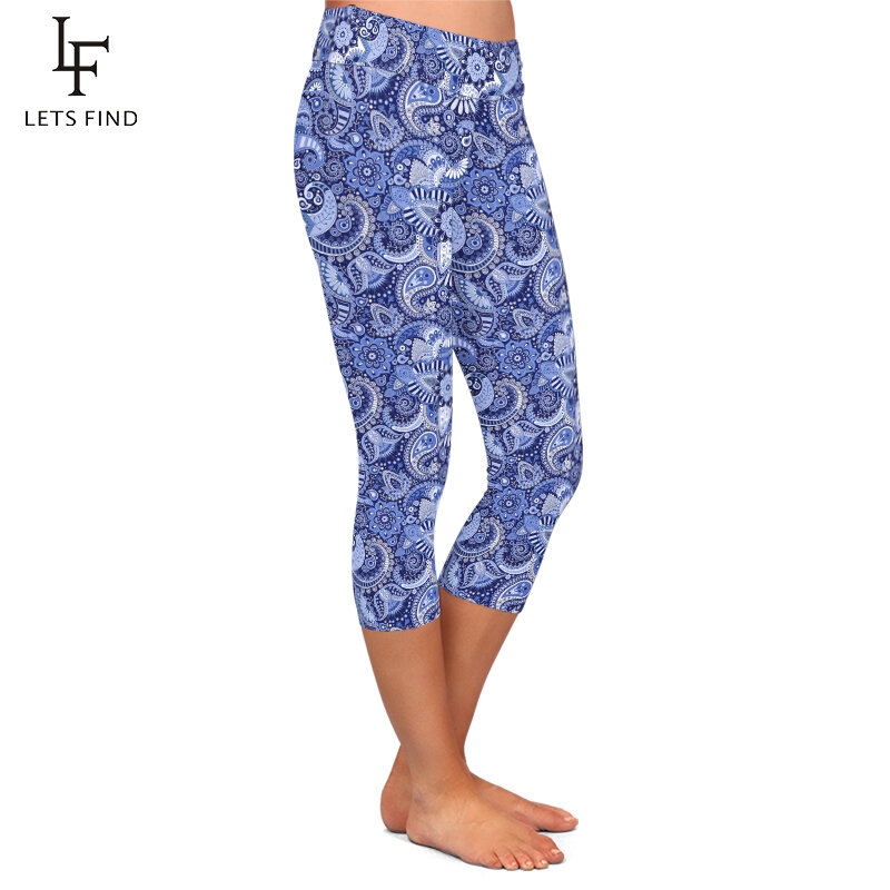 LETSFIND-pantalones de Cachemira con estampado Digital 3D para mujer, Leggings Capri elásticos de cintura alta con flores de anacardo, Fitness, suaves, novedad de verano