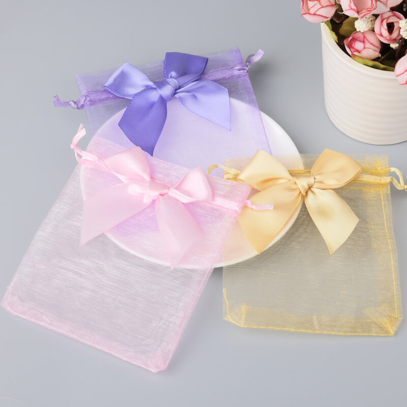 20pcs/Lot 10x15cm Promotional Packaging Pouch Bow Tie Organza Bag for Cosmetic Gifts