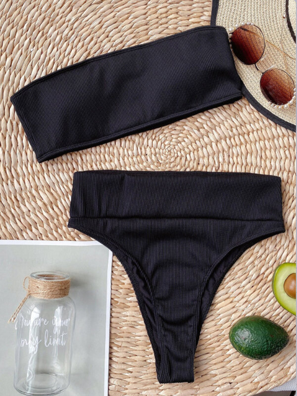 FASKOB-Bikini dividido de cintura alta para mujer, traje de baño negro de corte alto, Bandeau, traje de baño para playa