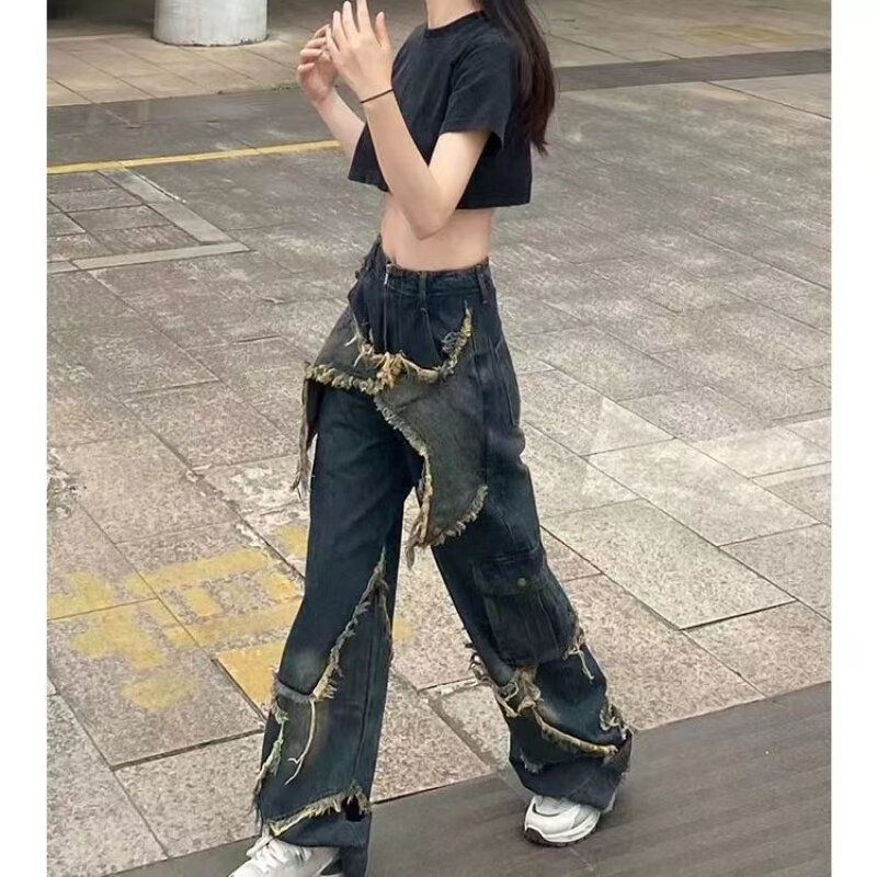 Celana jins lebar pria dan wanita antik baru 2023 celana Jin gelap kepribadian jalanan tinggi Vintage baru