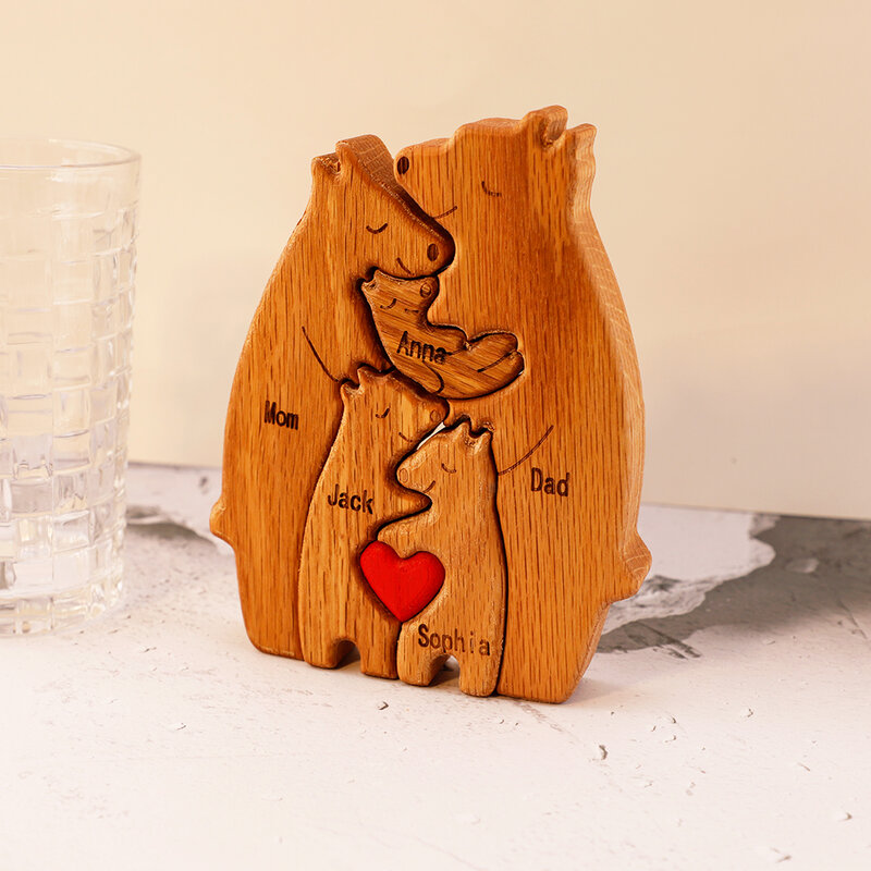 Oso de madera personalizado con nombres familiares, regalo artesanal para el día de la madre, decoración del hogar
